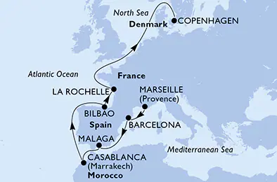 Itinerariu Croaziera Repozitionare Marsilia spre Copenhaga - MSC Cruises - MSC Magnifica - 11 nopti