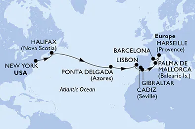 Itinerariu Croaziera Transatlantic New York spre Barcelona - MSC Cruises - MSC Meraviglia - 16 nopti