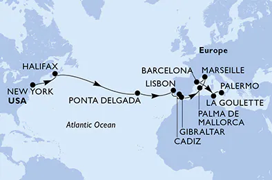 Itinerariu Croaziera Transatlantic New York spre Palermo - MSC Cruises - MSC Meraviglia - 19 nopti