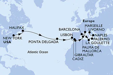 Itinerariu Croaziera Transatlantic New York spre Livorno - MSC Cruises - MSC Meraviglia - 21 nopti