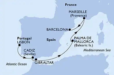 Itinerariu Croaziera Mediterana de Vest & Oc. Atlantic - MSC Cruises - MSC Meraviglia - 6 nopti