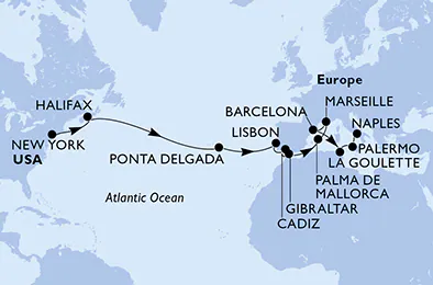 Itinerariu Croaziera Transatlantic New York spre Napoli - MSC Cruises - MSC Meraviglia - 20 nopti