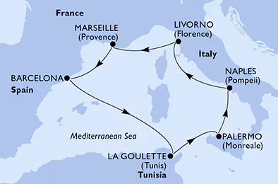 Itinerariu Croaziera Mediterana de Vest - MSC Cruises - MSC Meraviglia - 7 nopti