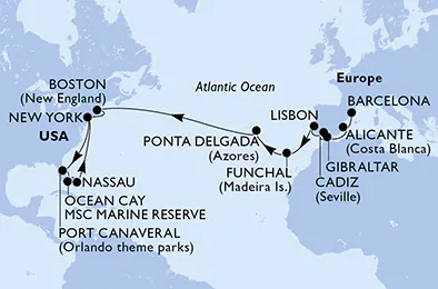 Itinerariu Croaziera Transatlantic Barcelona spre New York - MSC Cruises - MSC Meraviglia - 26 nopti