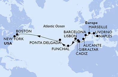 Itinerariu Croaziera Transatlantic Napoli spre New York - MSC Cruises - MSC Meraviglia - 22 nopti