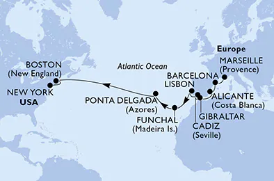 Itinerariu Croaziera Transatlantic Marsilia spre New York - MSC Cruises - MSC Meraviglia - 20 nopti