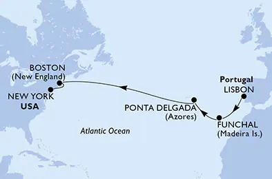 Itinerariu Croaziera Transatlantic Lisabona spre New York - MSC Cruises - MSC Meraviglia - 14 nopti
