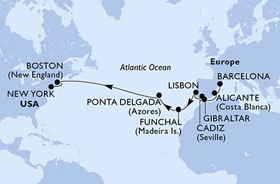 Itinerariu Croaziera Transatlantic Barcelona spre New York - MSC Cruises - MSC Meraviglia - 19 nopti