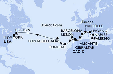 Itinerariu Croaziera Transatlantic Palermo spre New York - MSC Cruises - MSC Meraviglia - 23 nopti