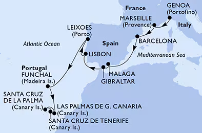 Itinerariu Croaziera Mediterana de Vest & Insulele Canare - MSC Cruises - MSC Musica - 14 nopti