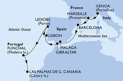 Itinerariu Croaziera Mediterana de Vest & Insulele Canare - MSC Cruises - MSC Musica - 12 nopti