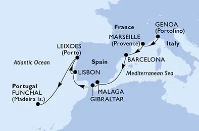 Itinerariu Croaziera Mediterana de Vest & Oc.Atlantic - MSC Cruises - MSC Musica - 11 nopti