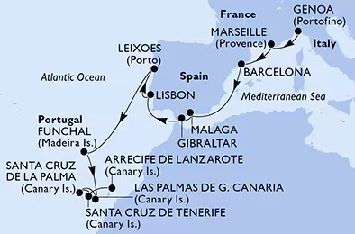 Itinerariu Croaziera Mediterana de Vest & Insulele Canare - MSC Cruises - MSC Musica - 15 nopti