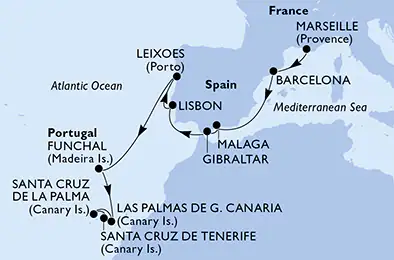Itinerariu Croaziera Mediterana de Vest & Insulele Canare - MSC Cruises - MSC Musica - 13 nopti
