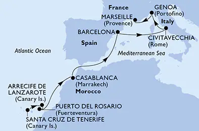 Itinerariu Croaziera Mediterana de Vest & Oc. Atlantic - MSC Cruises - MSC Musica - 10 nopti