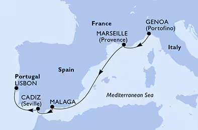 Itinerariu Croaziera Mediterana de Vest & Oc.Atlantic - MSC Cruises - MSC Opera - 5 nopti
