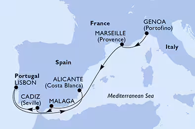Itinerariu Croaziera Mediterana de Vest & Oc.Atlantic - MSC Cruises - MSC Opera - 7 nopti
