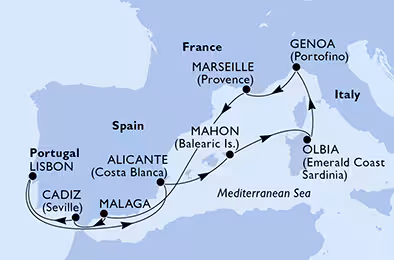 Itinerariu Croaziera Mediterana de Vest & Oc.Atlantic - MSC Cruises - MSC Opera - 10 nopti