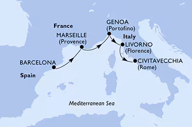 Itinerariu Croaziera Mediterana de Vest - MSC Cruises - MSC Orchestra - 4 nopti