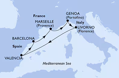 Itinerariu Croaziera Mediterana de Vest - MSC Cruises - MSC Orchestra - 6 nopti