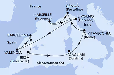 Itinerariu Croaziera Mediterana de Vest - MSC Cruises - MSC Orchestra - 10 nopti