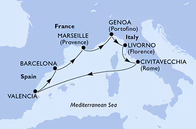 Itinerariu Croaziera Mediterana de Vest - MSC Cruises - MSC Orchestra - 7 nopti