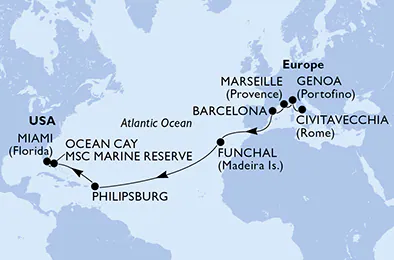 Itinerariu Croaziera Transatlantic Roma spre Miami - MSC Cruises - MSC Poesia - 17 nopti