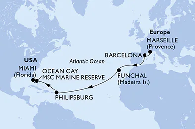 Itinerariu Croaziera Transatlantic Marsilia spre Miami - MSC Cruises - MSC Poesia - 15 nopti