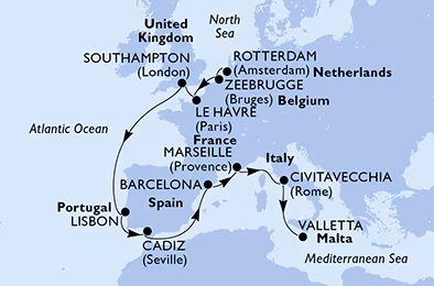 Itinerariu Croaziera Repozitionare Rotterdam spre Valletta - MSC Cruises - MSC Poesia - 13 nopti