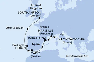 Itinerariu Croaziera Repoziitonare Southampton spre Roma - MSC Cruises - MSC Poesia - 8 nopti