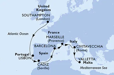 Itinerariu Croaziera Repozitionare Southampton spre Valletta - MSC Cruises - MSC Poesia - 10 nopti