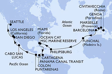 Itinerariu Croaziera Transatlantic Roma spre Seattle - MSC Cruises - MSC Poesia - 35 nopti