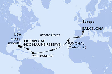 Itinerariu Croaziera Transatlantic Barcelona spre Miami - MSC Cruises - MSC Poesia - 14 nopti