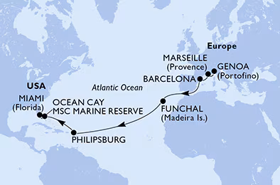 Itinerariu Croaziera Transatlantic Genova spre Miami - MSC Cruises - MSC Poesia - 16 nopti
