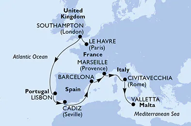 Itinerariu Croaziera Repozitionare Le Havre spre Valletta - MSC Cruises - MSC Poesia - 11 nopti