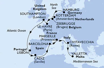 Itinerariu Croaziera Repozitionare Hamburg spre Valletta - MSC Cruises - MSC Poesia - 15 nopti