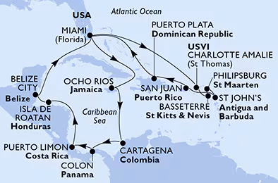 Itinerariu Croaziera Caraibe & Bahamas - MSC Cruises - MSC Poesia - 21 nopti