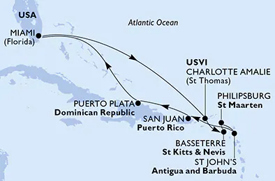 Itinerariu Croaziera Caraibe & Bahamas - MSC Cruises - MSC Poesia - 10 nopti