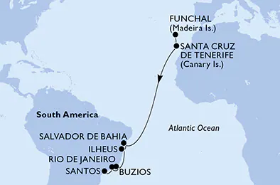 Itinerariu Croaziera Transatlantic Funchal spre Santos - MSC Cruises - MSC Preziosa - 13 nopti