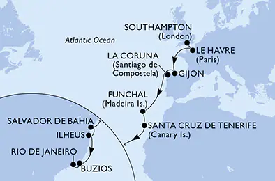 Itinerariu Croaziera Transatlantic Southampton spre Rio de Janeiro - MSC Cruises - MSC Preziosa - 18 nopti