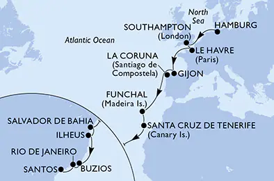 Itinerariu Croaziera Transatlantic Hamburg spre Santos - MSC Cruises - MSC Preziosa - 21 nopti