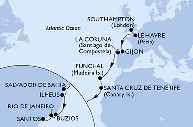 Itinerariu Croaziera Transatlantic Southampton spre Santos - MSC Cruises - MSC Preziosa - 19 nopti