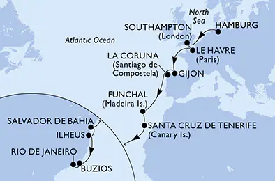 Itinerariu Croaziera Transatlantic Hamburg spre Rio de Janeiro - MSC Cruises - MSC Preziosa - 20 nopti