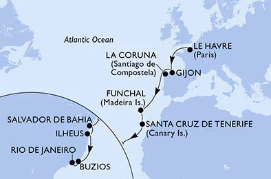 Itinerariu Croaziera Transatlantic Le Havre spre Rio de Janeiro - MSC Cruises - MSC Preziosa - 17 nopti