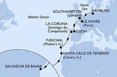 Itinerariu Croaziera Transatlantic Hamburg spre Salvador - MSC Cruises - MSC Preziosa - 16 nopti