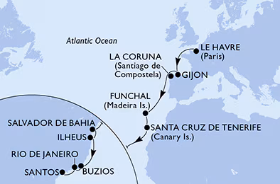 Itinerariu Croaziera Transatlantic Le Havre spre Santos - MSC Cruises - MSC Preziosa - 18 nopti