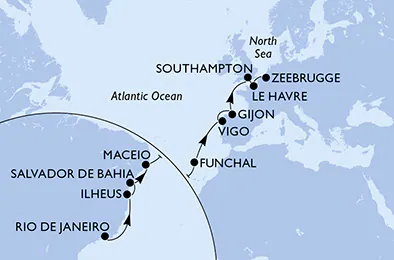 Itinerariu Croaziera Transatlantic Rio de Janeiro spre Zeebrugge - MSC Cruises - MSC Preziosa - 18 nopti