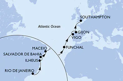 Itinerariu Croaziera Transatlantic Rio de Janeiro spre Southampton - MSC Cruises - MSC Preziosa - 16 nopti