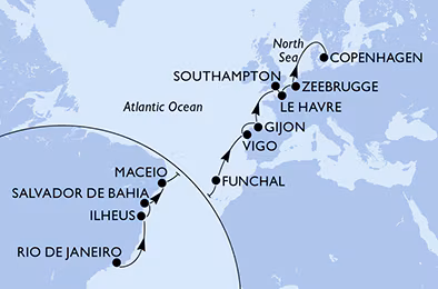 Itinerariu Croaziera Transatlantic Rio de Janeiro spre Copenhaga - MSC Cruises - MSC Preziosa - 20 nopti