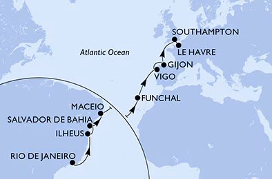 Itinerariu Croaziera Transatlantic Rio de Janeiro spre Le Havre - MSC Cruises - MSC Preziosa - 17 nopti